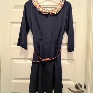 Navy blue Jessica Simpson dress with multi color Peter Pan style collar